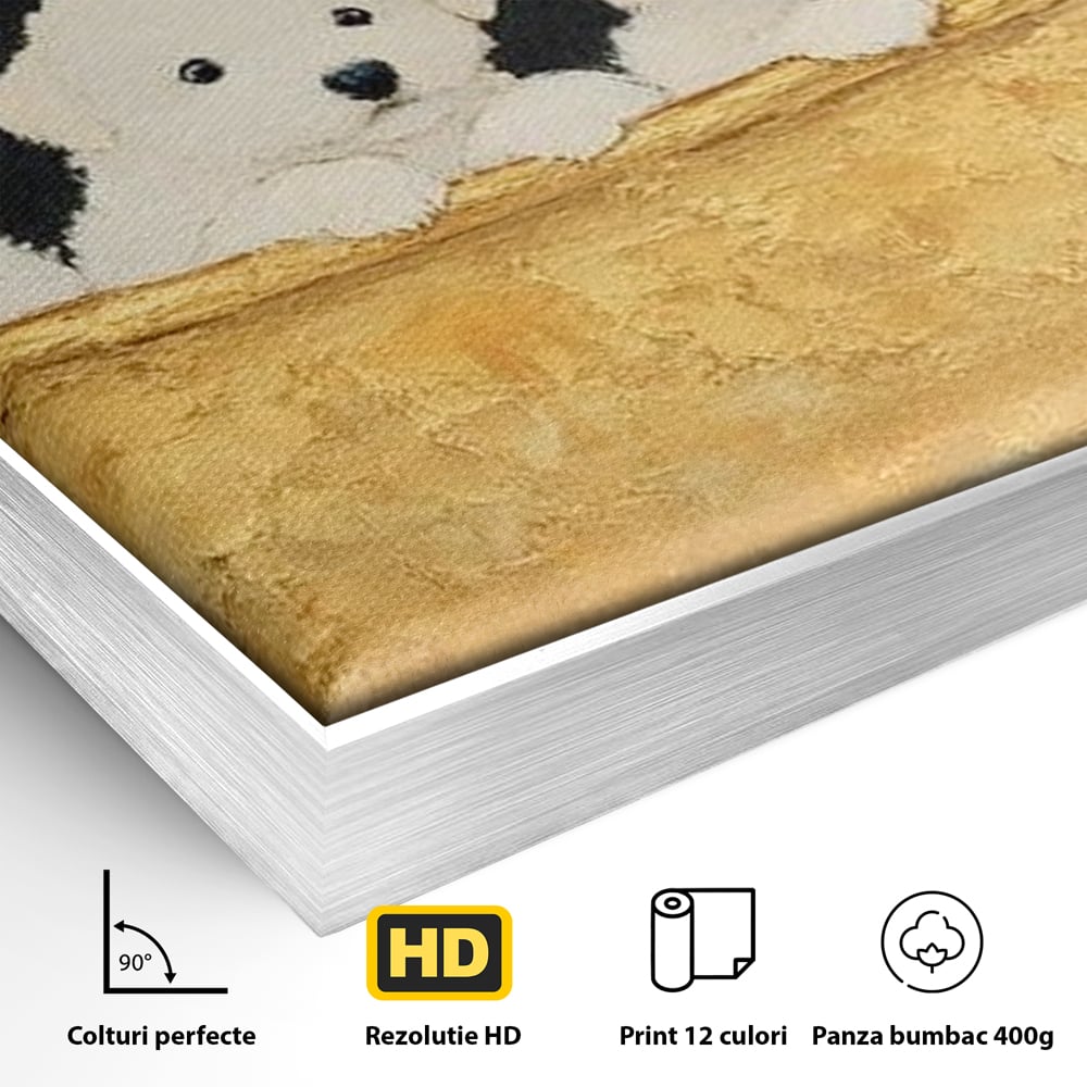 Detaliu al suprafetei: tablou canvas cu catei in cada, in rama de aluminiu argintiu